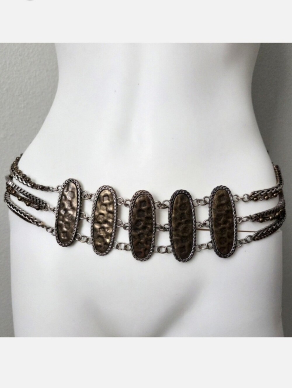 Chico's Wide Multi Chain Belt With Hammered Bronze Front Panels